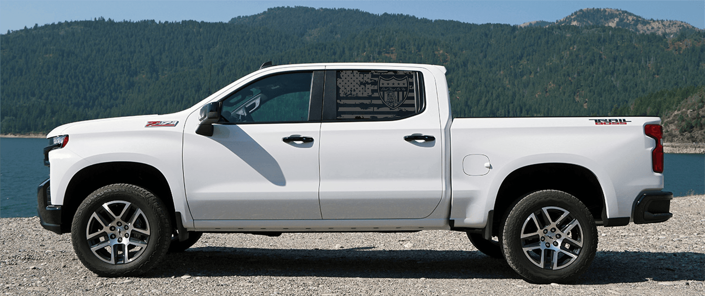 Silverado Crew Cab Rear Window Distressed US Flag w/ Don't Tread on Me Design Decal Set - J&J's Graphic Designs