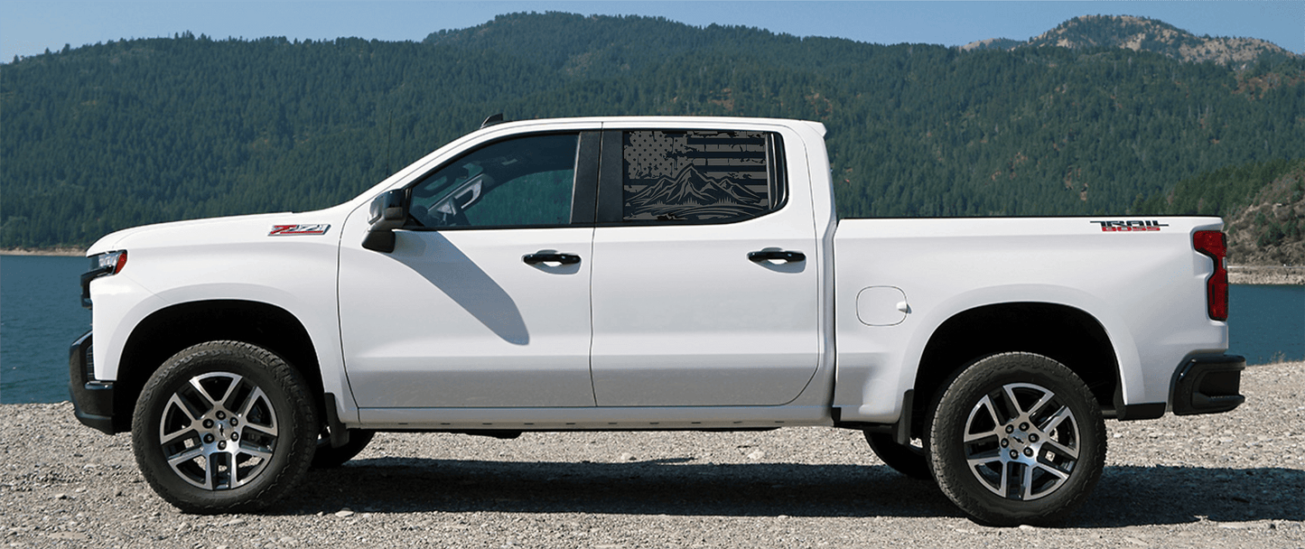 Silverado Crew Cab Rear Window Distressed US Flag with Mountain Scene Decal Set - J&J's Graphic Designs