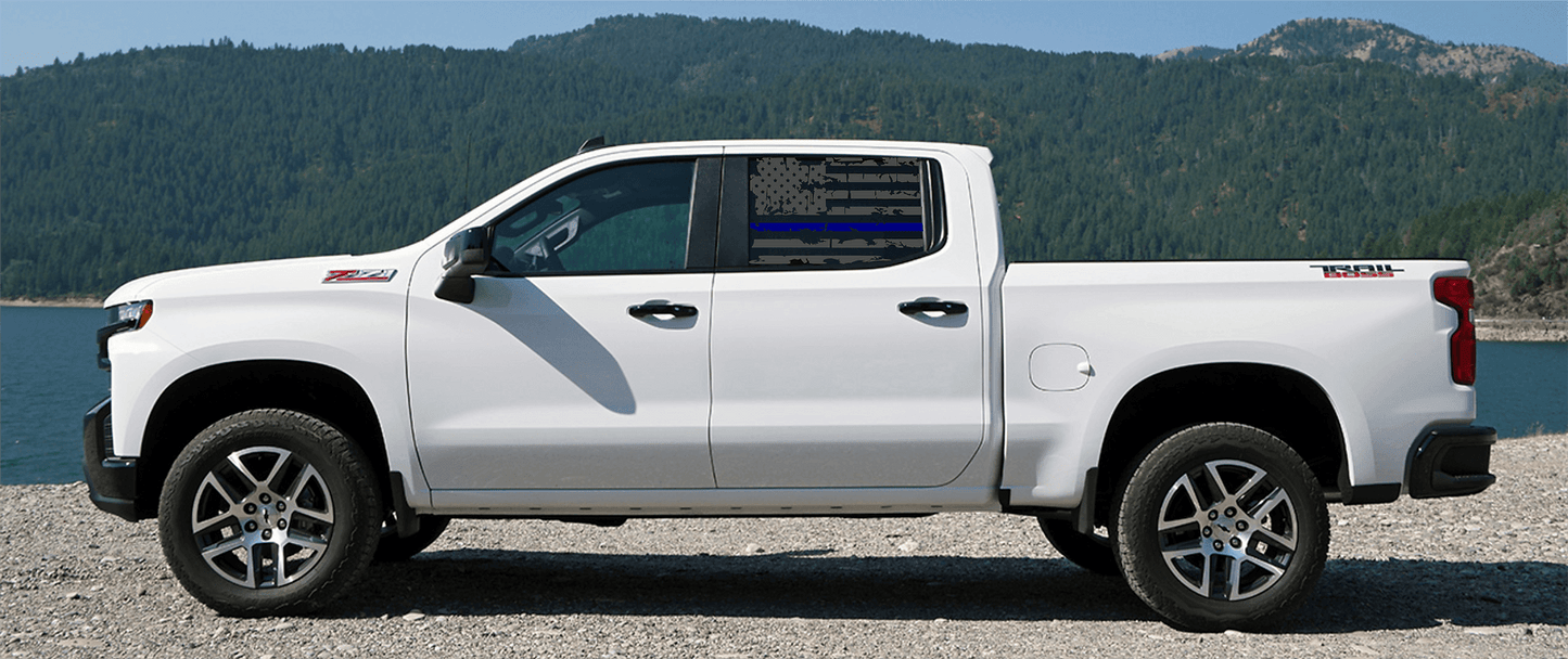 Silverado Crew Cab Rear Window Distressed Thin Blue Line US Flag Decal Set - J&J's Graphic Designs