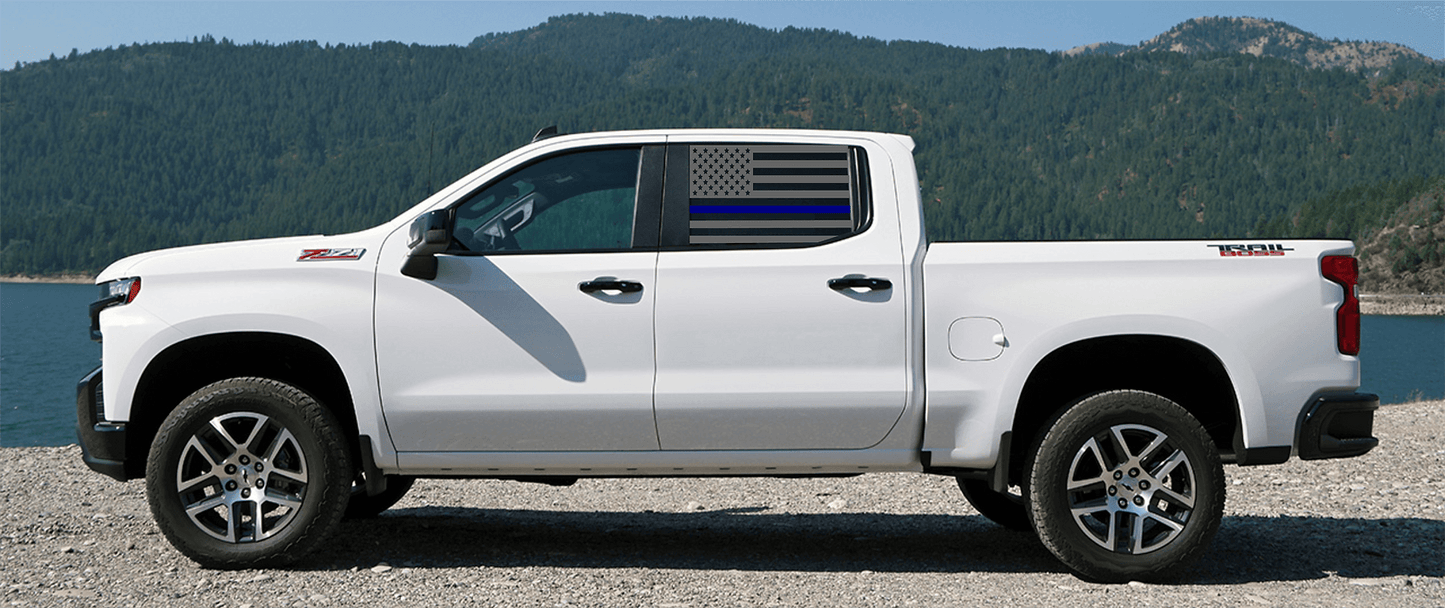 Silverado Crew Cab Rear Window Thin Blue Line US Flag Decal Set - J&J's Graphic Designs