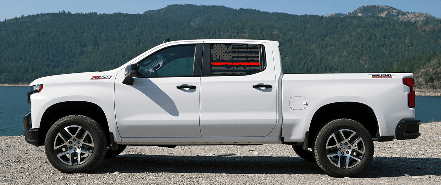 Silverado Crew Cab Rear Window Distressed Thin Red Line US Flag Decal Set - J&J's Graphic Designs
