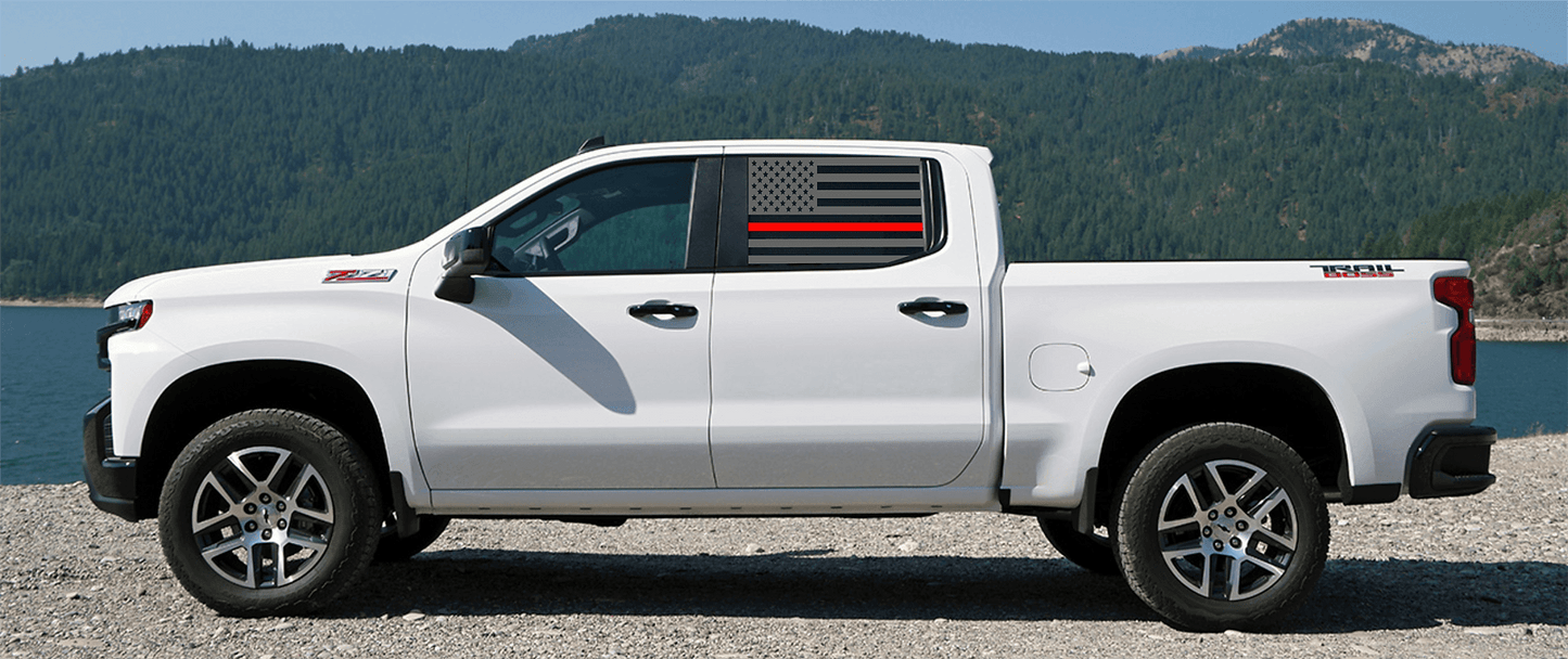 Silverado Crew Cab Rear Window Thin Red Line US Flag Decal Set - J&J's Graphic Designs