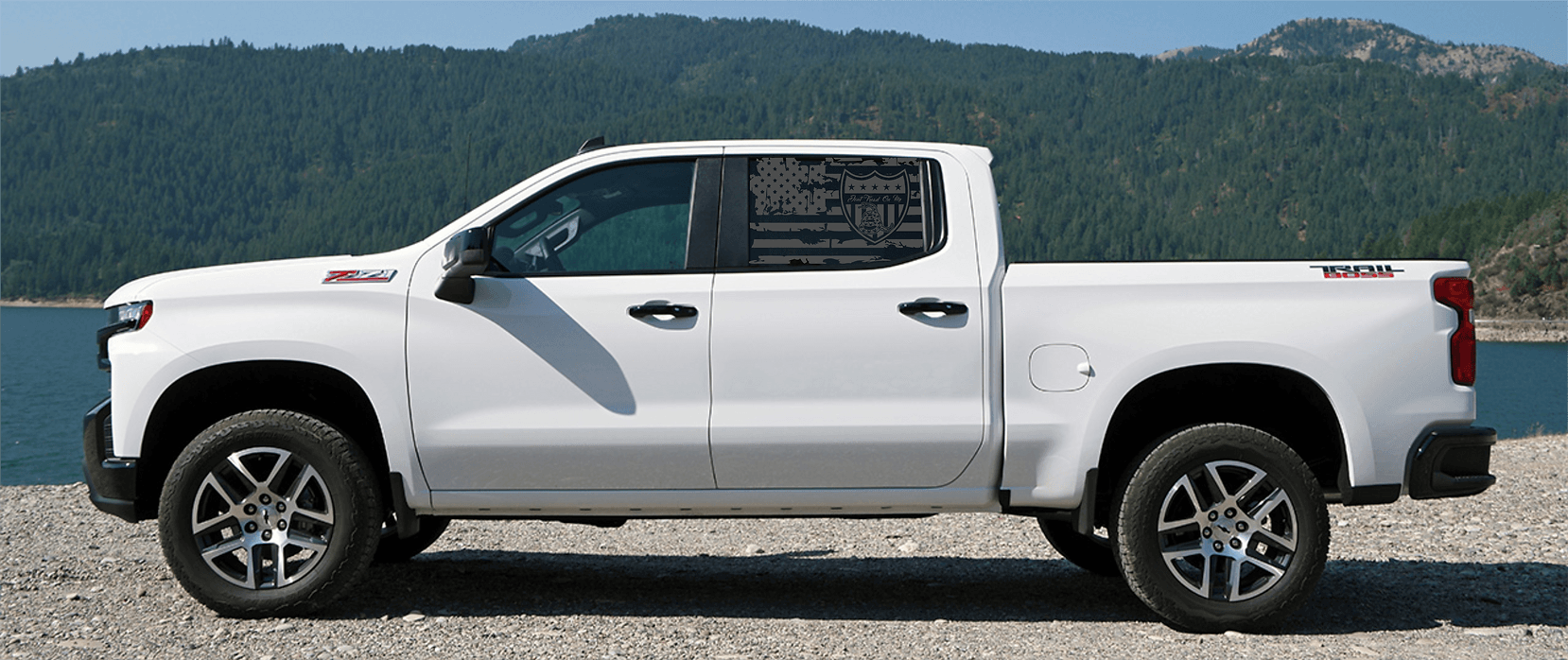 Silverado Crew Cab Rear Window Distressed US Flag w/ Don't Tread on Me Design Decal Set - J&J's Graphic Designs