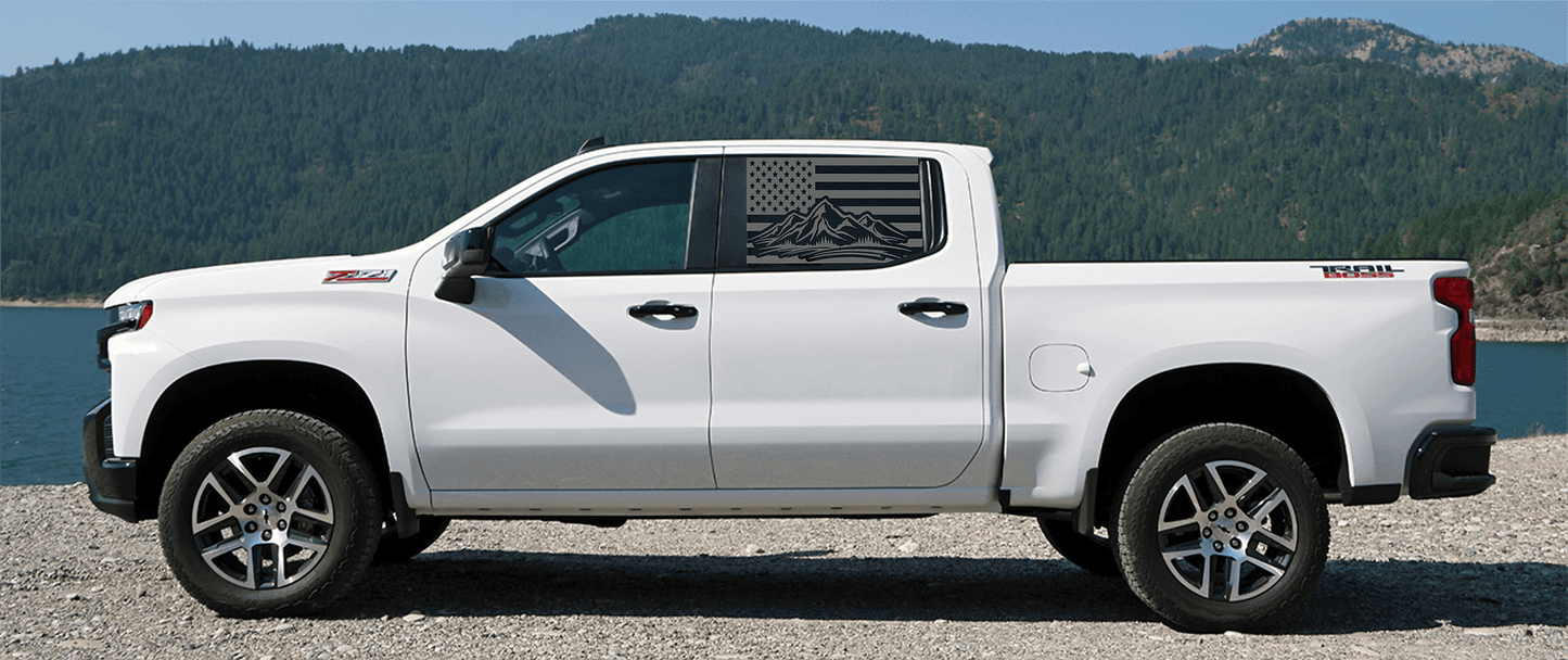 Silverado Crew Cab Rear Window US Flag with Mountain Scene Decal Set - J&J's Graphic Designs