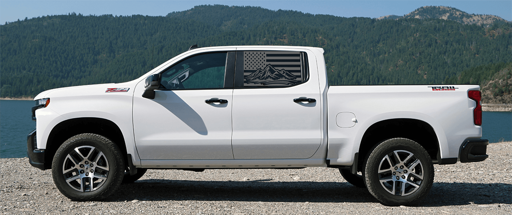 Silverado Crew Cab Rear Window US Flag with Mountain Scene Decal Set - J&J's Graphic Designs
