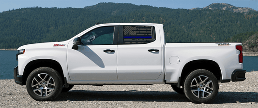 Silverado Crew Cab Rear Window Distressed Thin Blue Line US Flag Decal Set - J&J's Graphic Designs